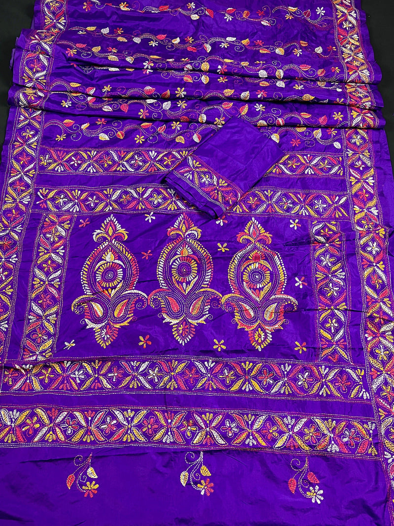 Purple Color Kantha Stitch Saree - Bangalori Silk Saree - Handwoven Kantha Stitch Saree - Multi Color - Kantha Stitch Silk Saree - Kaash