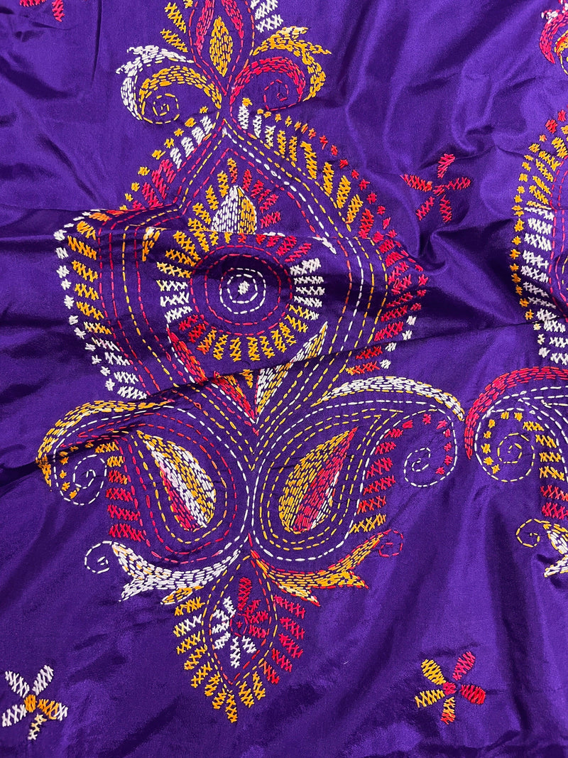 Purple Color Kantha Stitch Saree - Bangalori Silk Saree - Handwoven Kantha Stitch Saree - Multi Color - Kantha Stitch Silk Saree - Kaash