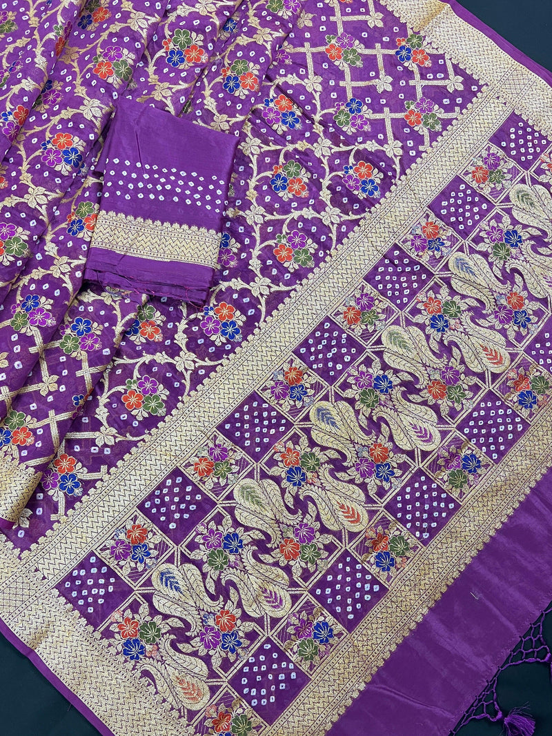 Purple Color Bandhej Saree - Banarasi Semi Dupion Silk with Work Muted Gold Zari and Meenakari Work - Handwoven Sarees - Banarasi Saree - Kaash