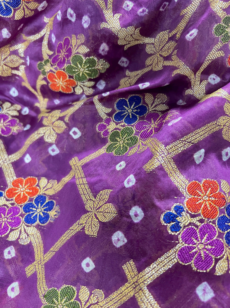 Purple Color Bandhej Saree - Banarasi Semi Dupion Silk with Work Muted Gold Zari and Meenakari Work - Handwoven Sarees - Banarasi Saree - Kaash