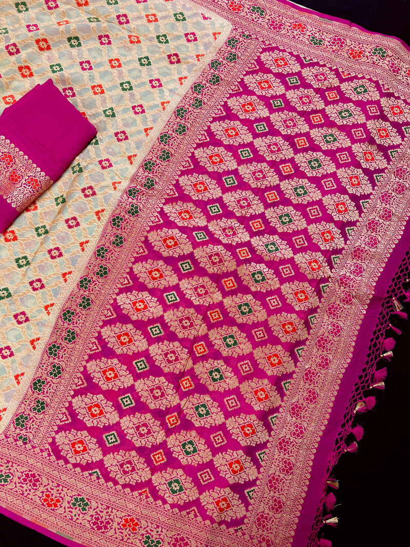 Light Gold Pure Khaddi Georgette Banarasi Silk Saree - Floral Meenakari Sarees - Banarasi Handwoven Pure Saree - SILK MARK CERTIFIED - Kaash