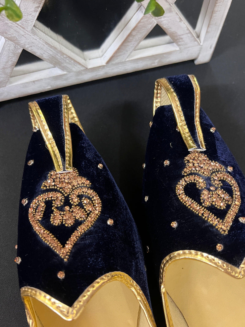 Size 9 - Handmade Mens Wedding Shoes in Blue Color - Mens Shoes for Kurtas - Traditional Mojari Shoes - Valvet with Stone Beads - Mens Juttis - Kaash