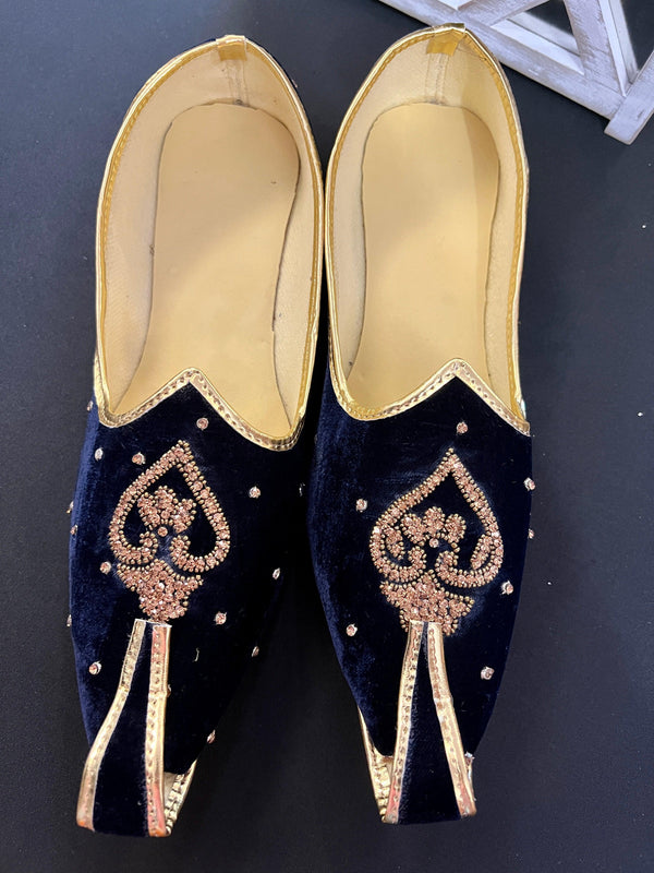 Size 9 - Handmade Mens Wedding Shoes in Blue Color - Mens Shoes for Kurtas - Traditional Mojari Shoes - Valvet with Stone Beads - Mens Juttis - Kaash