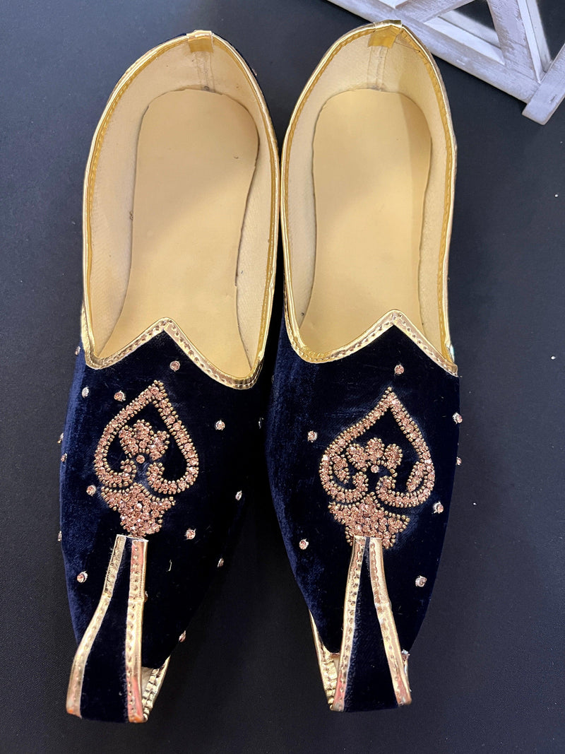 Size 9 - Handmade Mens Wedding Shoes in Blue Color - Mens Shoes for Kurtas - Traditional Mojari Shoes - Valvet with Stone Beads - Mens Juttis - Kaash