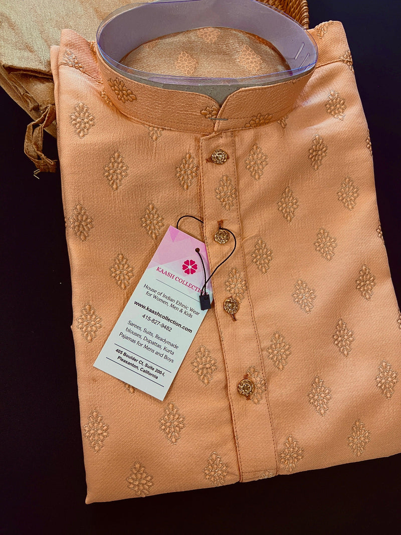 Light Peach Color Kurta for Men - Jute Silk material - Mens Kurta Pajama Set - Kaash