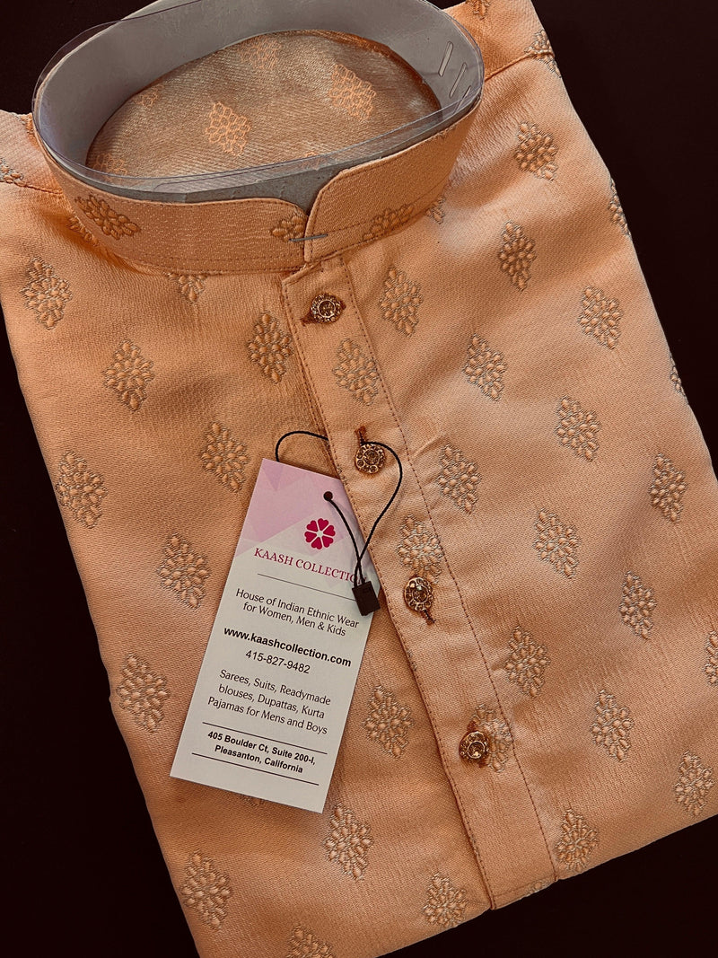Light Peach Color Kurta for Men - Jute Silk material - Mens Kurta Pajama Set - Kaash