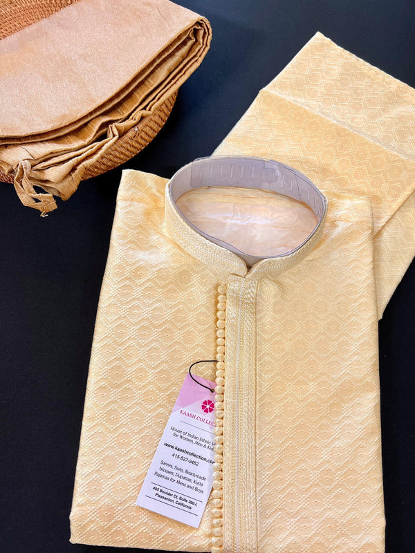 Cream Color Soft Silk Men Kurta Pajama - Self Design material with small Zari Weave butti - Mens Ethnic Wear - Kurtas for Indian Wedding - Kaash