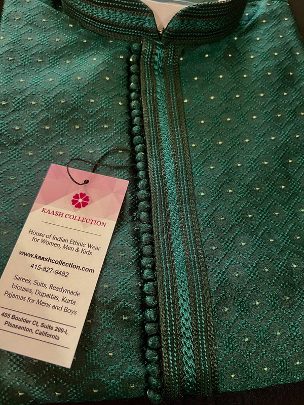 Bottle Green Soft Silk Men Kurta Pajama - Self Design material with small Zari Weave butti - Mens Ethnic Wear - Kurtas for Indian Wedding - Kaash
