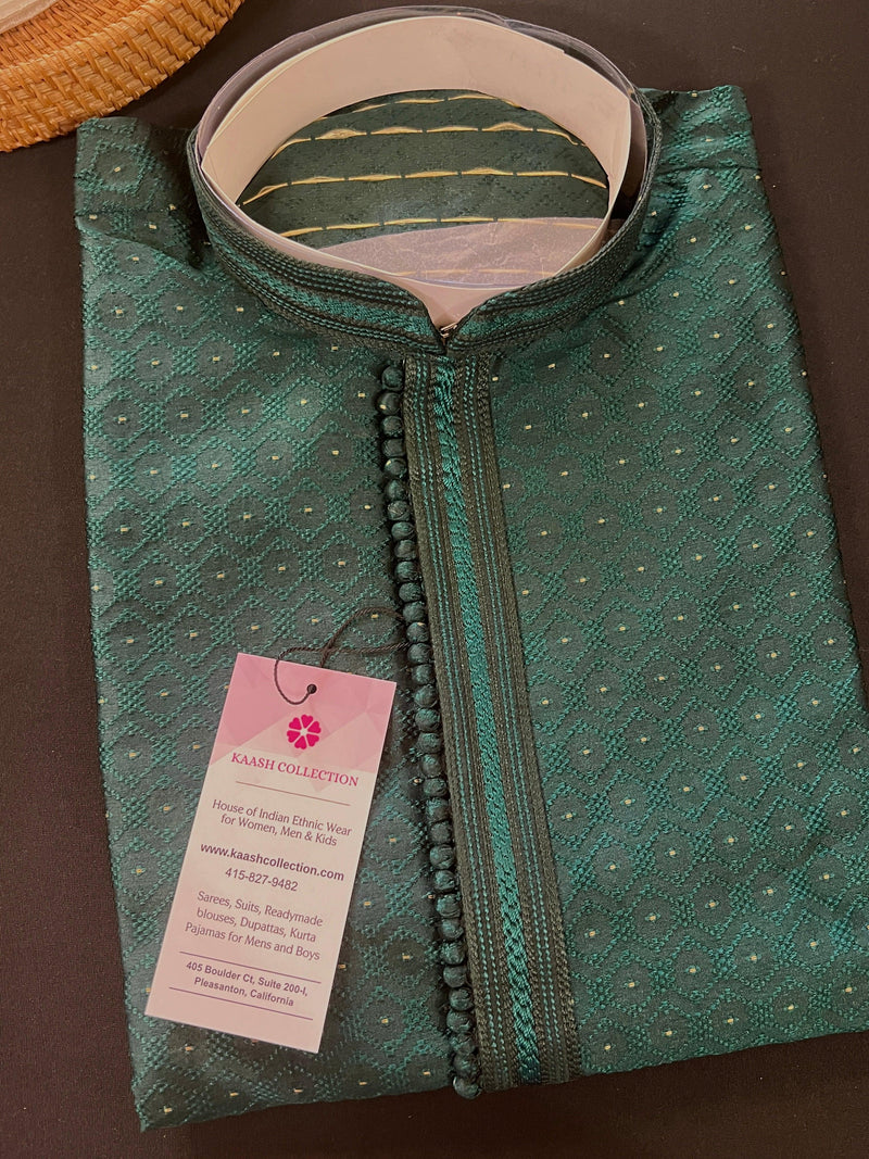 Bottle Green Soft Silk Men Kurta Pajama - Self Design material with small Zari Weave butti - Mens Ethnic Wear - Kurtas for Indian Wedding - Kaash