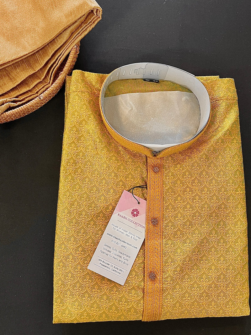 Mustard Yellow Color Men Kurta Pajama Set -  Self Design embroidery Style - Mens Ethnic Wear - Designer Men Indian Wedding Wear