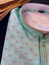 Sea Blue Color Jute Silk Kurta Pajama Set for Men - Self Embroidery and Zari Work - Wedding Kurta for Men - Indian Outfit in Green Colo