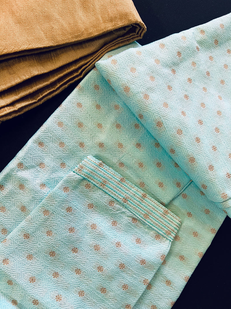 Sea Blue Color Jute Silk Kurta Pajama Set for Men - Self Embroidery and Zari Work - Wedding Kurta for Men - Indian Outfit in Green Colo