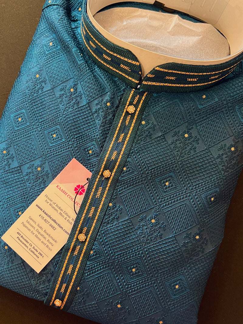 Teal Blue Color Indian kurta for Men - Embossed Embroidery and Zari - Sherwani Style Kurta - Indian Wedding Kurta - Indian Outfit for Men