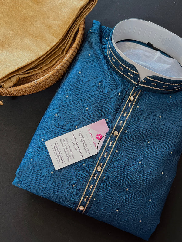 Teal Blue Color Indian kurta for Men - Embossed Embroidery and Zari - Sherwani Style Kurta - Indian Wedding Kurta - Indian Outfit for Men