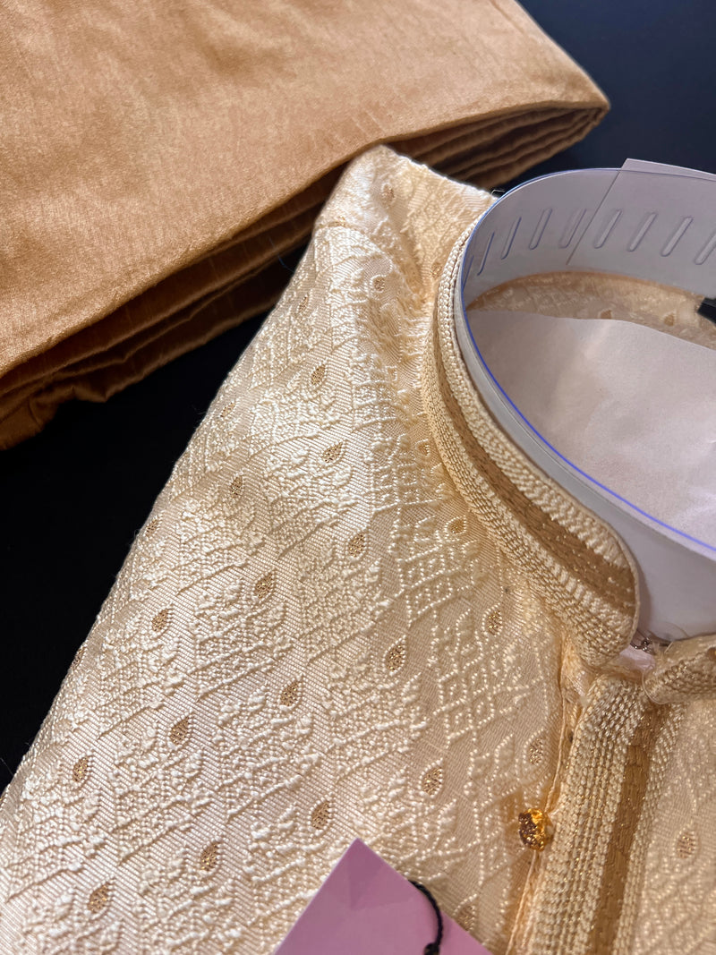 Light Gold Men Kurta Pajama with Embossed Embroidery and Zari | Sherwani Style Kurta  | Wedding Kurtas | Kurta Store