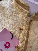 Light Gold Men Kurta Pajama with Embossed Embroidery and Zari | Sherwani Style Kurta  | Wedding Kurtas | Kurta Store