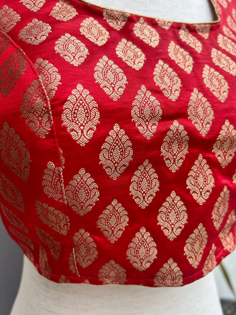 Red Color Stitched Blouse with Gold Buttis in Pure Banarasi  | Readymade Blouse | Red Color Stitched Blouse |  Ready to Wear Banarasi Blouse