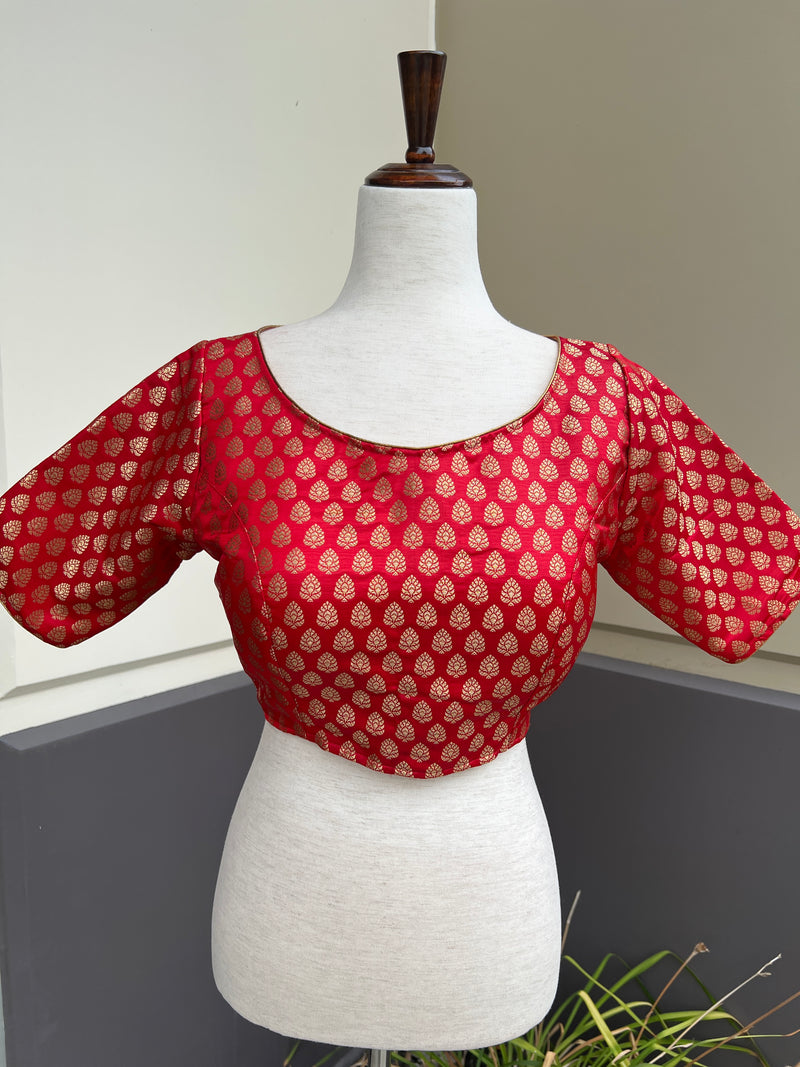 Red Color Readymade Blouse - Pure Banarasi - Readymade Blouses - Red Color Stitched Blouse - Banarasi Blouse - Boat Neck Blouse