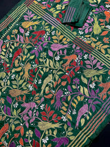 Bottle Green Color Bangalori Silk Saree with Hand Kantha Stitch Work in Floral Pattern | Handwoven Kantha Stitch Saree | Kantha Saree