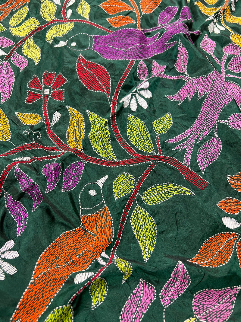 Bottle Green Color Bangalori Silk Saree with Hand Kantha Stitch Work in Floral Pattern | Handwoven Kantha Stitch Saree | Kantha Saree
