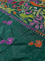 Bottle Green Color Bangalori Silk Saree with Hand Kantha Stitch Work in Floral Pattern | Handwoven Kantha Stitch Saree | Kantha Saree