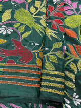 Bottle Green Color Bangalori Silk Saree with Hand Kantha Stitch Work in Floral Pattern | Handwoven Kantha Stitch Saree | Kantha Saree