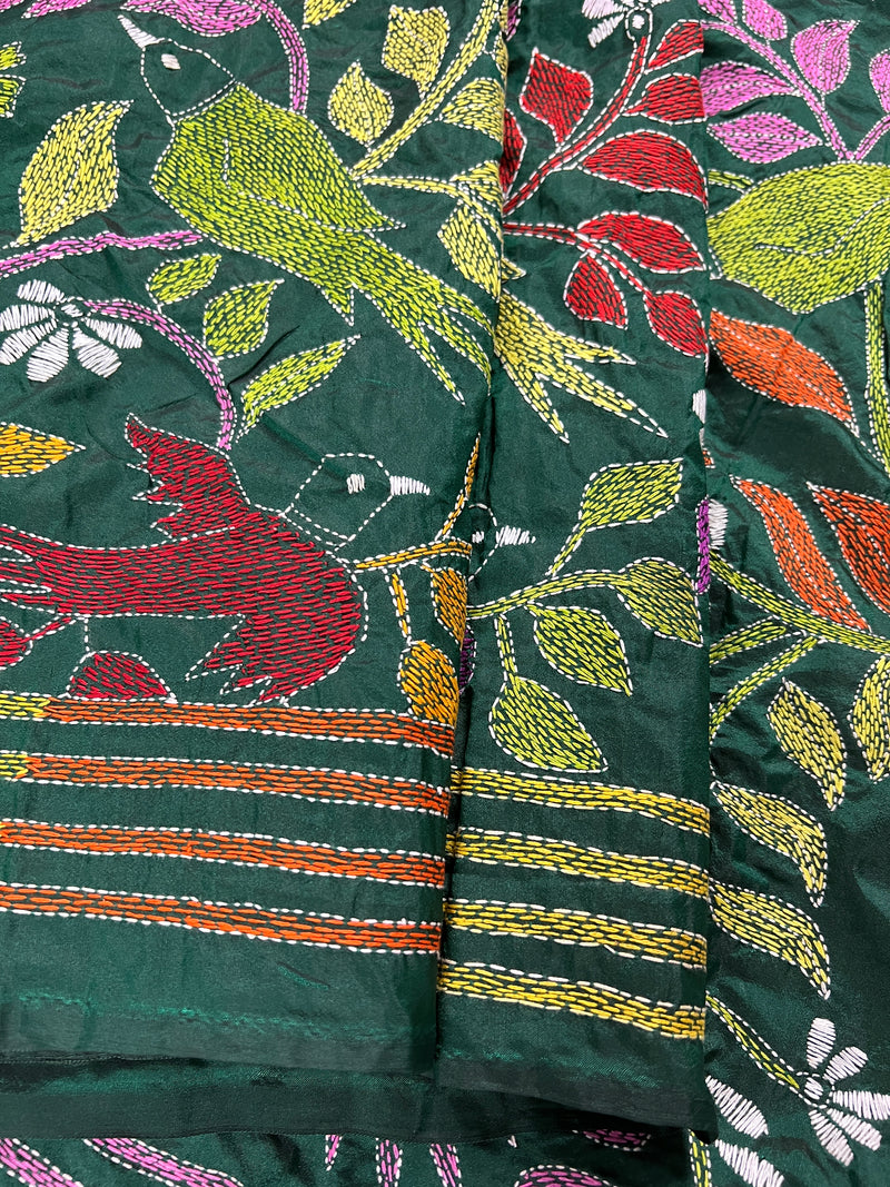 Bottle Green Color Bangalori Silk Saree with Hand Kantha Stitch Work in Floral Pattern | Handwoven Kantha Stitch Saree | Kantha Saree