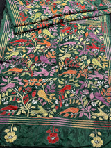 Bottle Green Color Bangalori Silk Saree with Hand Kantha Stitch Work in Floral Pattern | Handwoven Kantha Stitch Saree | Kantha Saree