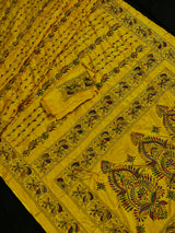 Yellow Color Kantha Stitch Saree - Bangalori Silk Saree - Handwoven Kantha Stitch Saree - Multi Color - Kantha Stitch Silk Saree