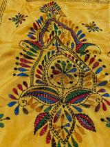 Yellow Color Kantha Stitch Saree - Bangalori Silk Saree - Handwoven Kantha Stitch Saree - Multi Color - Kantha Stitch Silk Saree