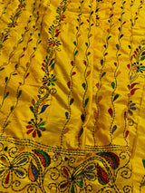 Yellow Color Kantha Stitch Saree - Bangalori Silk Saree - Handwoven Kantha Stitch Saree - Multi Color - Kantha Stitch Silk Saree
