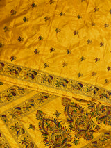 Yellow Color Kantha Stitch Saree - Bangalori Silk Saree - Handwoven Kantha Stitch Saree - Multi Color - Kantha Stitch Silk Saree