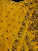 Yellow Color Kantha Stitch Saree - Bangalori Silk Saree - Handwoven Kantha Stitch Saree - Multi Color - Kantha Stitch Silk Saree