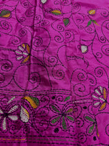 Fuchsia Pink Color Kantha Stitch Saree - Bangalori Silk Saree - Handwoven Kantha Stitch Saree - Multi Color - Kantha Stitch Silk Saree