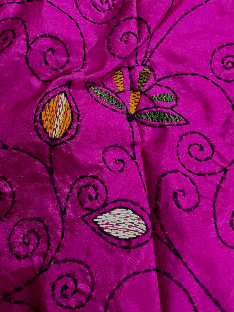 Fuchsia Pink Color Kantha Stitch Saree - Bangalori Silk Saree - Handwoven Kantha Stitch Saree - Multi Color - Kantha Stitch Silk Saree