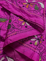 Fuchsia Pink Color Kantha Stitch Saree - Bangalori Silk Saree - Handwoven Kantha Stitch Saree - Multi Color - Kantha Stitch Silk Saree - Kaash