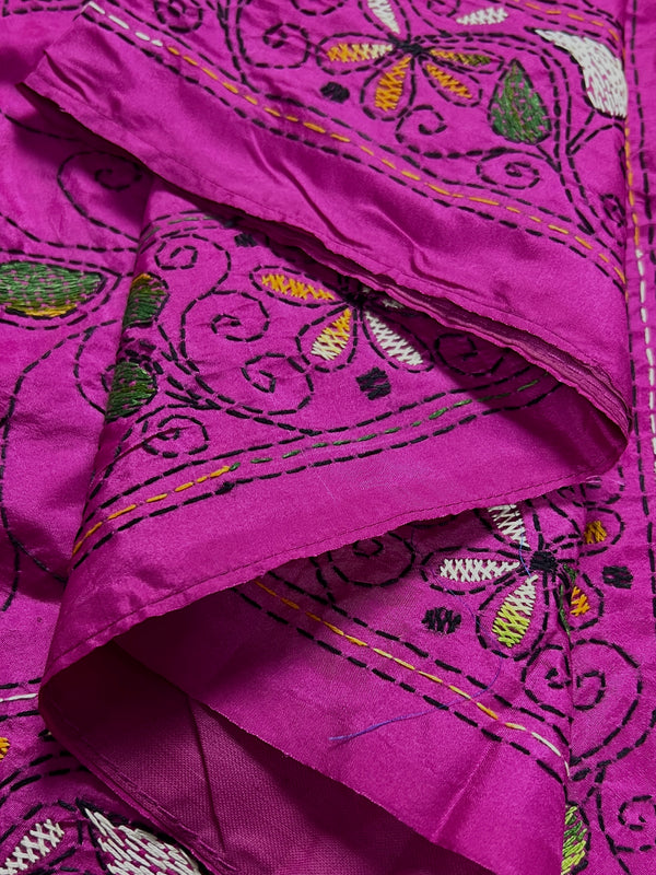 Fuchsia Pink Color Kantha Stitch Saree - Bangalori Silk Saree - Handwoven Kantha Stitch Saree - Multi Color - Kantha Stitch Silk Saree