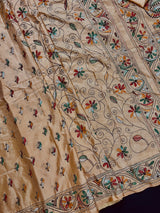 Beige Gold Color Kantha Stitch Saree - Bangalori Silk Saree - Handwoven Kantha Stitch Saree - Multi Color - Kantha Stitch Silk Saree