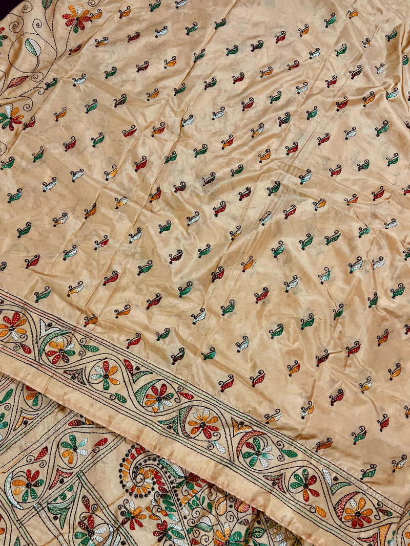 Beige Gold Color Kantha Stitch Saree - Bangalori Silk Saree - Handwoven Kantha Stitch Saree - Multi Color - Kantha Stitch Silk Saree