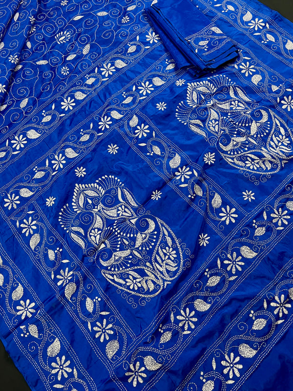 Blue Color Bangalori Silk Saree with Hand Kantha Stitch | Handwoven Kantha Stitch Sarees | Kantha Saress | Silk Sarees | Bengal Sarees