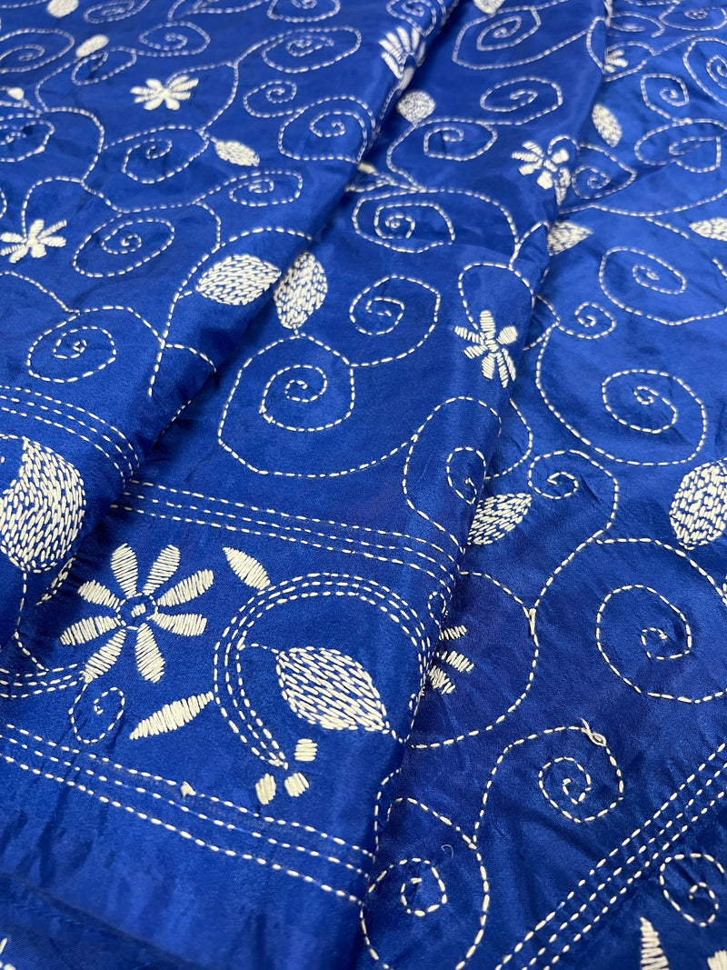 Blue Color Bangalori Silk Saree with Hand Kantha Stitch | Handwoven Kantha Stitch Sarees | Kantha Saress | Silk Sarees | Bengal Sarees