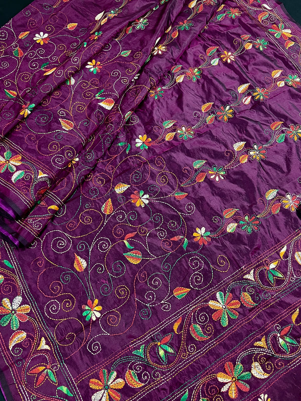 Wine Color Kantha Stitch Saree - Bangalori Silk Saree - Handwoven Kantha Stitch Saree - Multi Color - Kantha Stitch Silk Saree