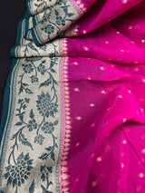 Hot Pink Pure Khaddi Georgette Banarasi Silk Saree - Floral Meenakari Sarees - Banarasi Handwoven Pure Saree - SILK MARK CERTIFIED