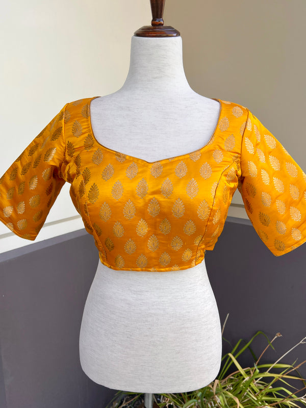Mango Yellow Readymade Blouse | Pure Banarasi Blouse | Ready to Wear Blouse | Yellow Color Blouse with Gold Butti | Stitched Blouse