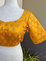 Mango Yellow Readymade Blouse | Pure Banarasi Blouse | Ready to Wear Blouse | Yellow Color Blouse with Gold Butti | Stitched Blouse