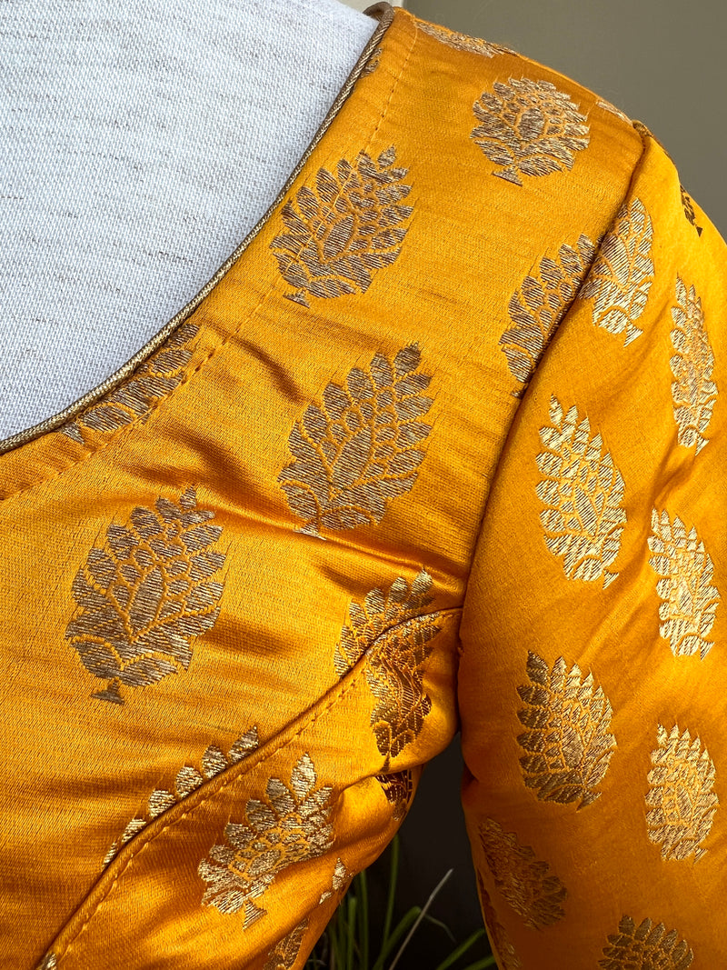 Mango Yellow Readymade Blouse | Pure Banarasi Blouse | Ready to Wear Blouse | Yellow Color Blouse with Gold Butti | Stitched Blouse
