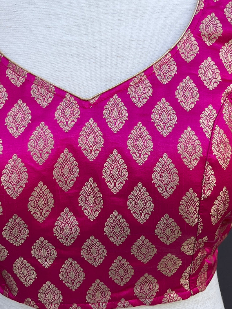Hot Pink Readymade Blouse with Gold Buttis in Pure Banarasi Silk  | Ready to Wear Blouses | Hot Pink Blouse | Stitched Blouse