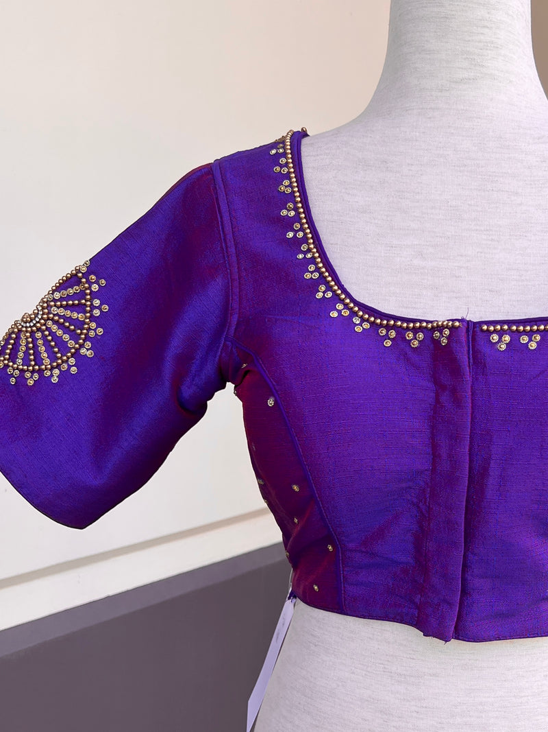 Dual Tone Raw Silk Ready to Wear Blouse in Purple and Blue | Handwork Blouses | Padded Blouse | Readymade Blouses for Sarees