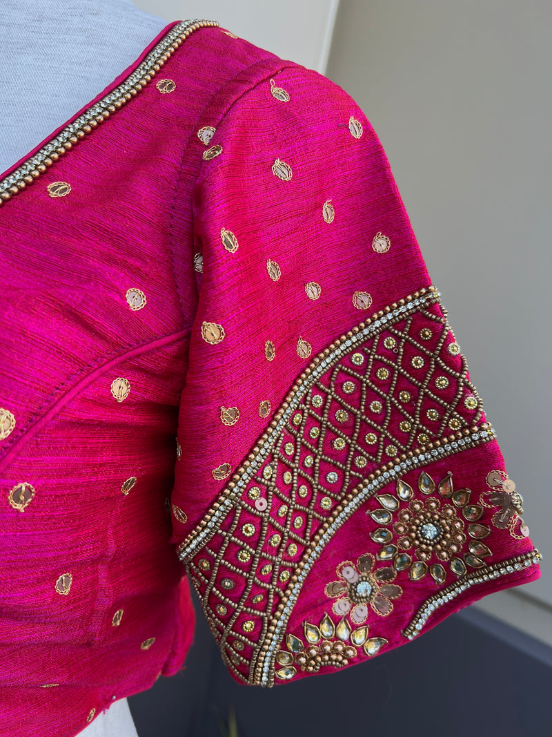 Hot Pink Color Raw Silk Ready to Wear Blouse | Handwork Blouses | Padded Blouse | Readymade Saree Blouses | Pink Color Blouse
