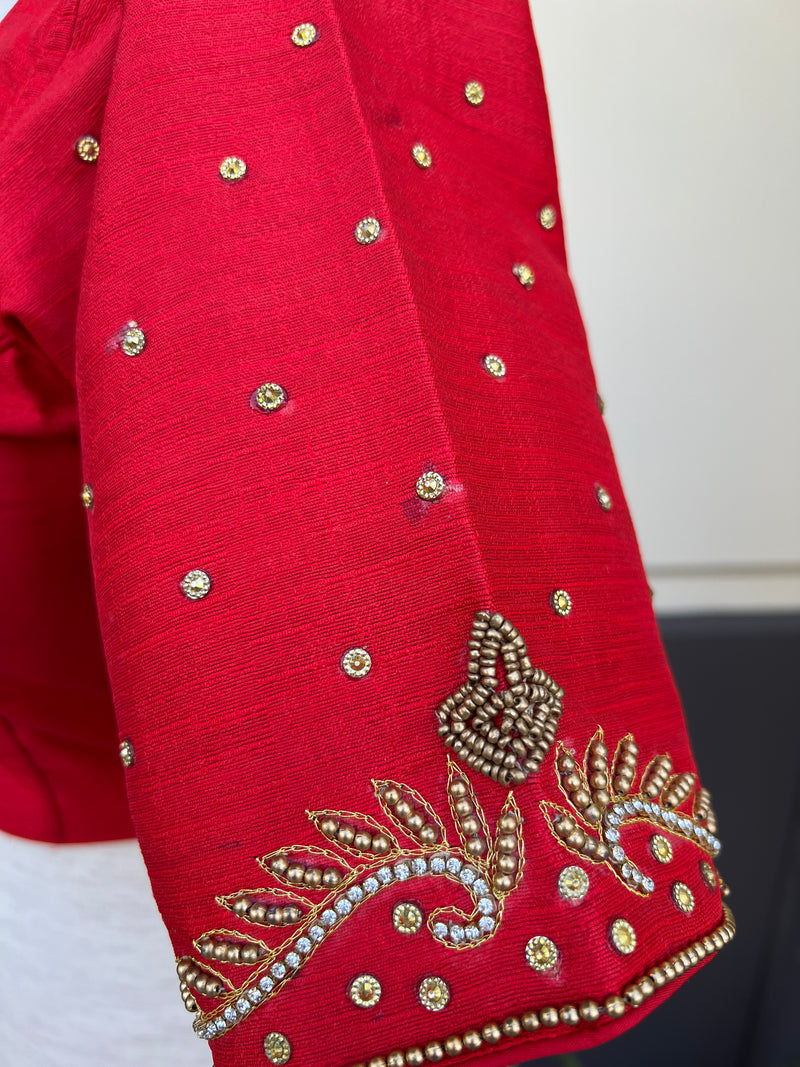Bright Red Color Raw Silk Ready to Wear Blouse | Handwork Blouses | Padded Blouse | Size - 36 | Readymade Saree Blouses | Red Color Blouse
